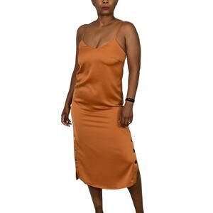 YAS Slip Dress Orange Button Snap Midi Silky Satin ASOS Shiny Slipdress Size XS